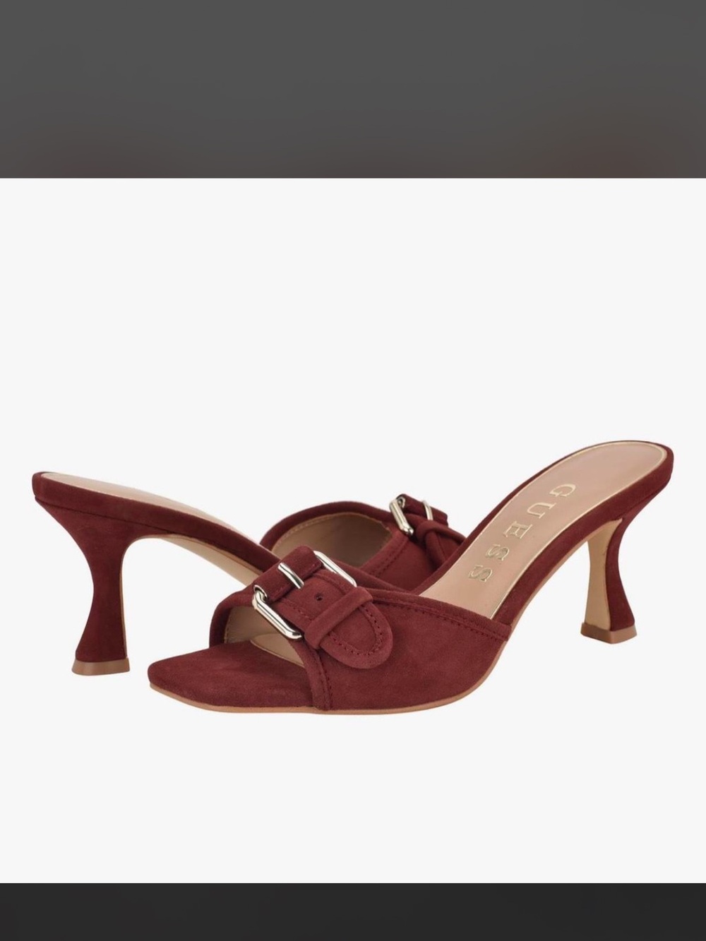 Guess Suede Buckle Mules in Burgundy Red